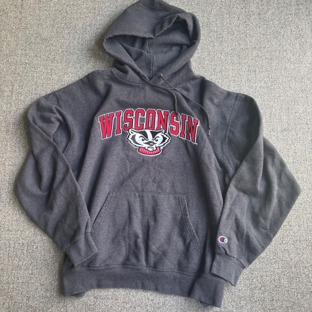 Wisconsin Badgers Champion Hoodie Mens XL‎ Gray Eco Fleece Pullover Sweatshirt